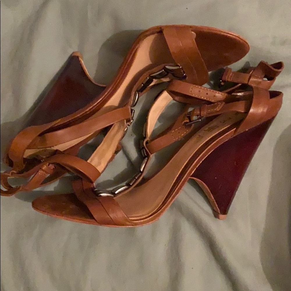 L.A.M.B wedge wood heel and leather nd metal strap